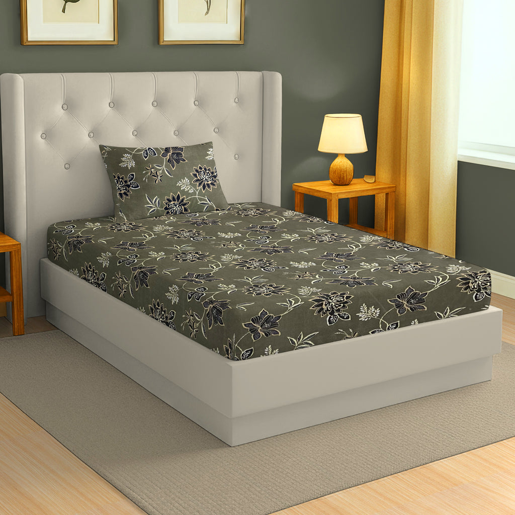 Floral Print Grey 200 TC Single Bedsheet With Pillow Cover (60 x 90 Inches)