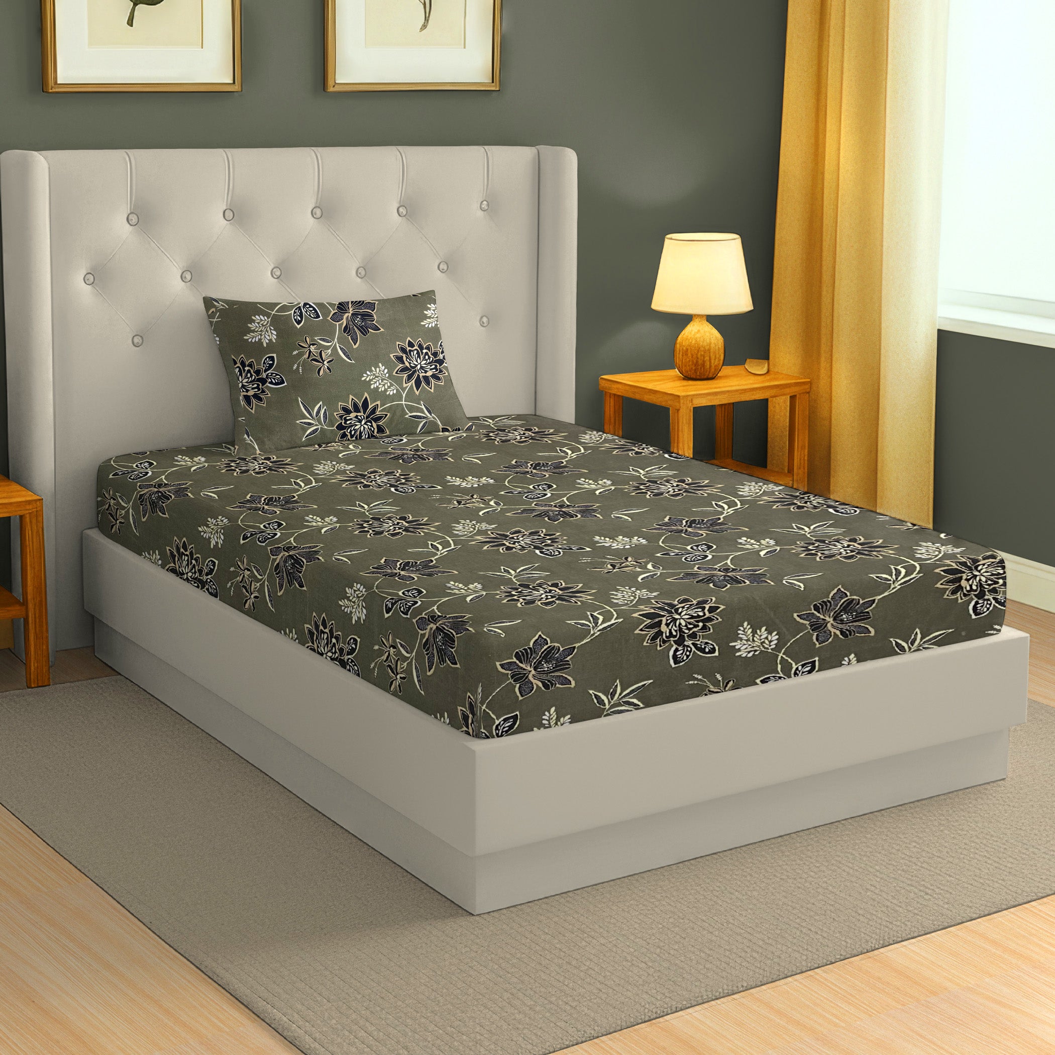Floral Print Grey 200 TC Single Bedsheet With Pillow Cover (60 x 90 Inches)