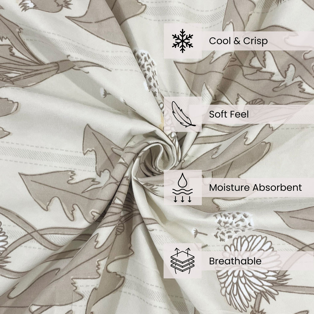 Floral Print Beige  200 TC Single Bedsheet With Pillow Cover (60 x 90 Inches)