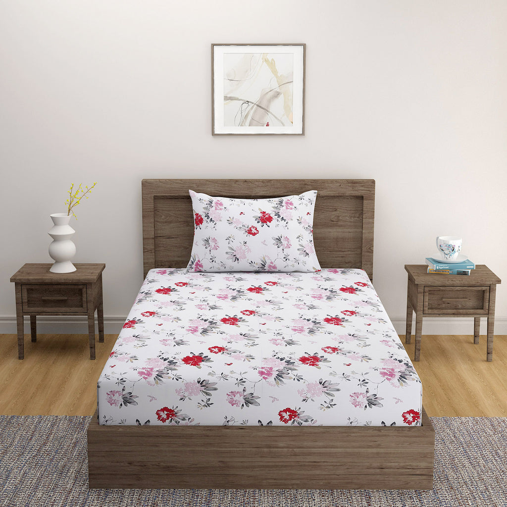 Elegant Pink Floral Pure Cotton 210 TC Single Bedsheet with 1 Pillow Cover (60x90 Inches)