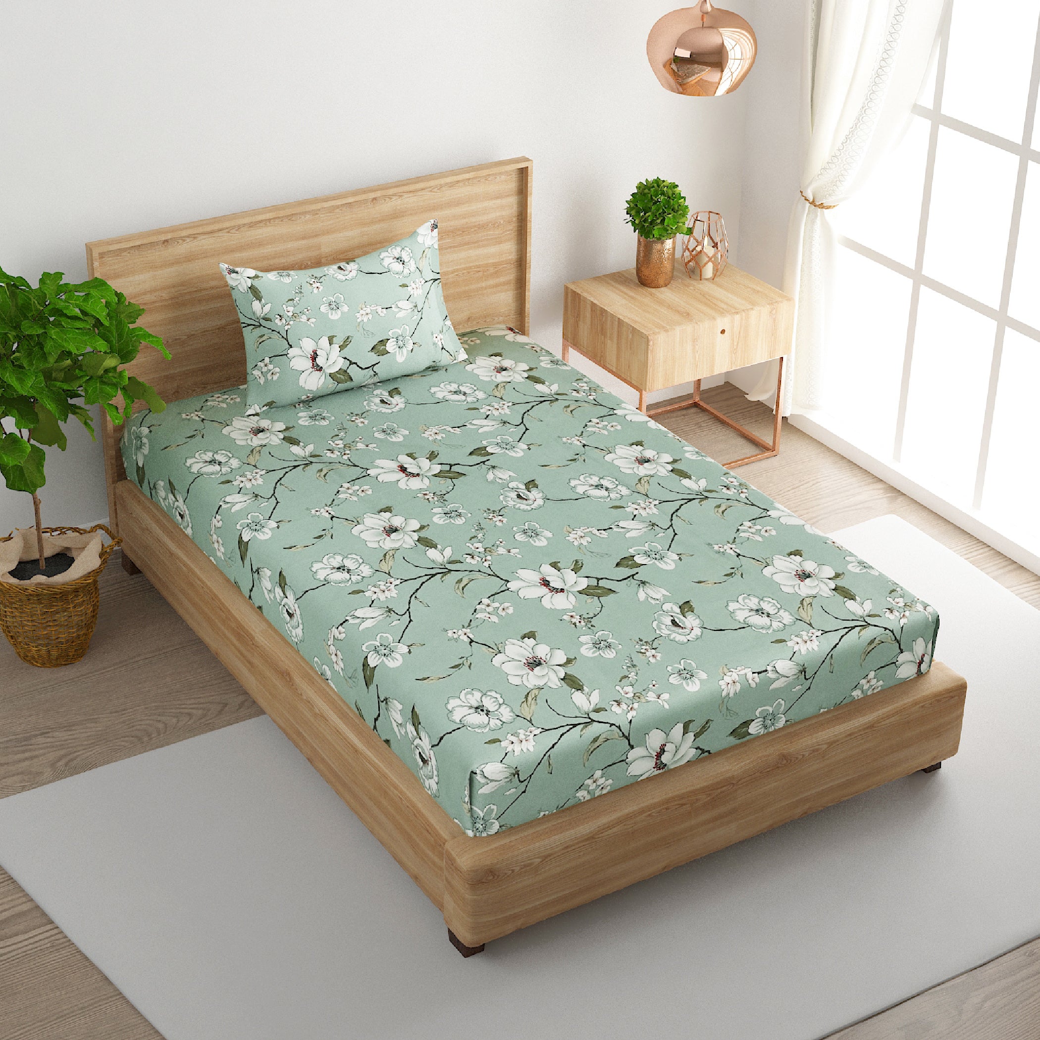 Aqua Spring - 210TC Pure Cotton Single Fitted Bedsheet (36 x 78 x 10 Inches)