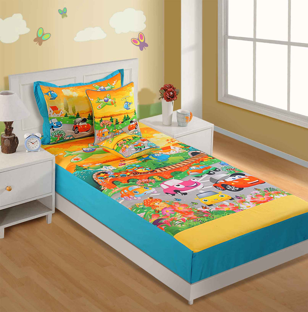 Kids Single Bedsheet – Cartoon Cars & Airplane Adventure Theme Aqua Blue Color with 2 Pillow Covers