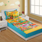 Kids Single Bedsheet – Cartoon Cars & Airplane Adventure Theme Aqua Blue Color with 2 Pillow Covers