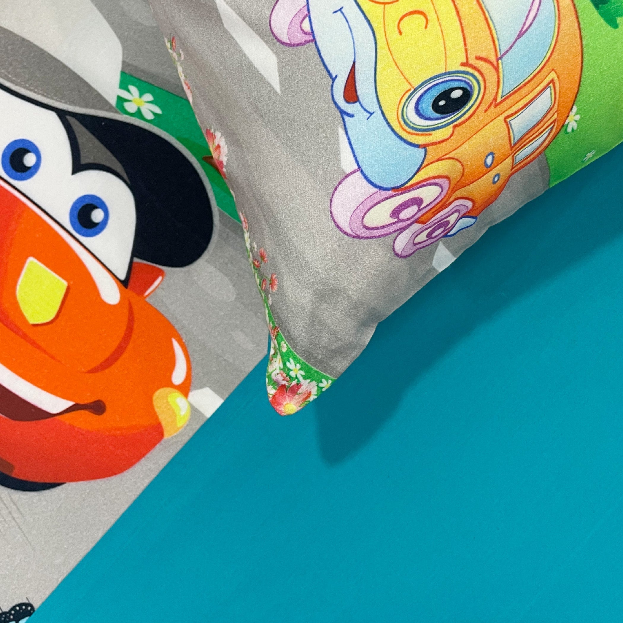 Kids Single Bedsheet – Cartoon Cars & Airplane Adventure Theme Aqua Blue Color with 2 Pillow Covers