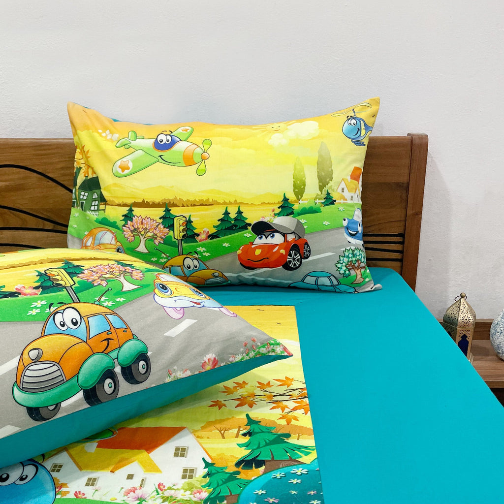 Kids Single Bedsheet – Cartoon Cars & Airplane Adventure Theme Aqua Blue Color with 2 Pillow Covers