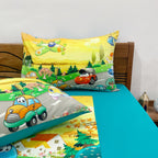 Kids Single Bedsheet – Cartoon Cars & Airplane Adventure Theme Aqua Blue Color with 2 Pillow Covers