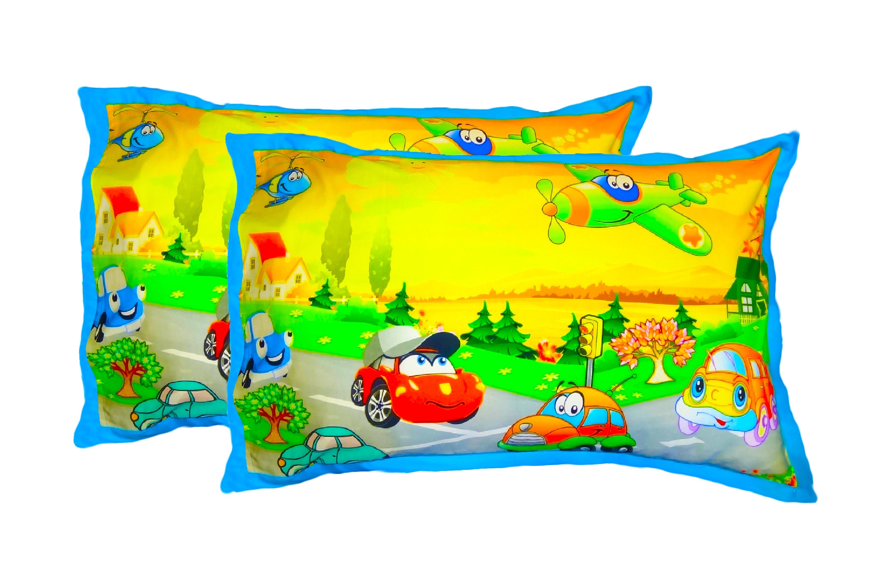 Kids Single Bedsheet – Cartoon Cars & Airplane Adventure Theme Aqua Blue Color with 2 Pillow Covers