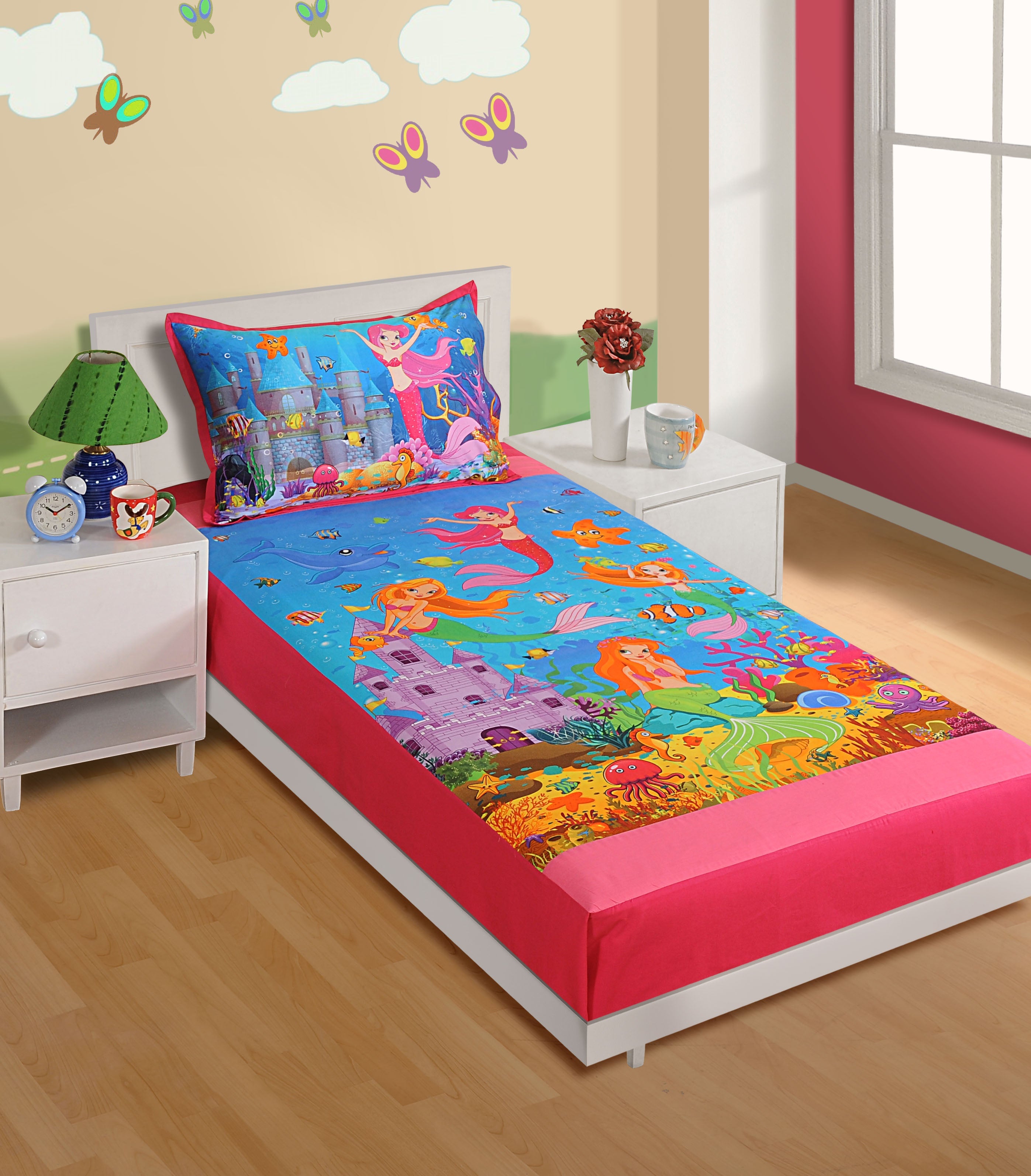 Kids Single Bedsheet – Little Mermaid Underwater Fantasy Theme Pink Color with 2 Pillow Covers