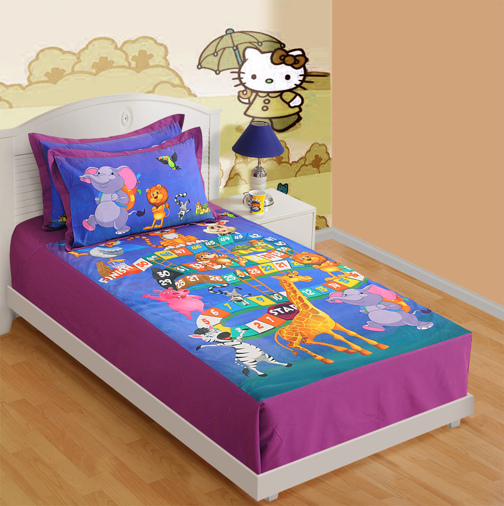 Kids Single Bedsheet – Fun Animal Board Game Theme Purple Color with 2 Pillow Covers