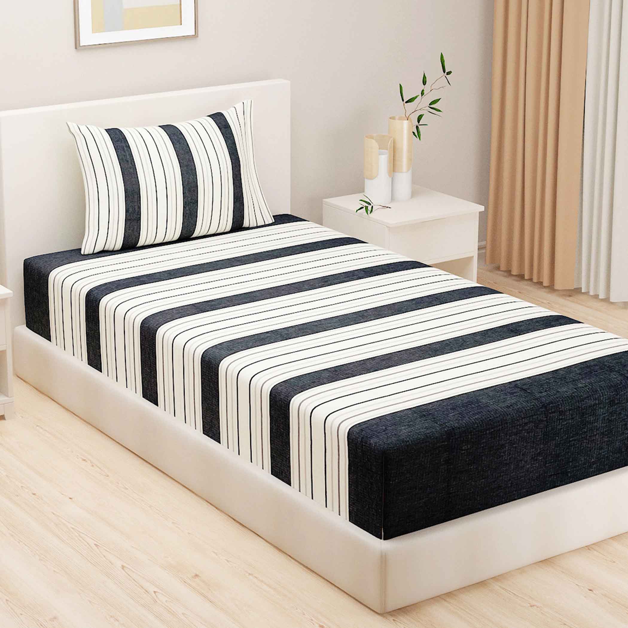 Monochrome Elegance - Yarn-Dyed Striped Single Fitted Bedsheet (36 x 90 x 10 Inches)