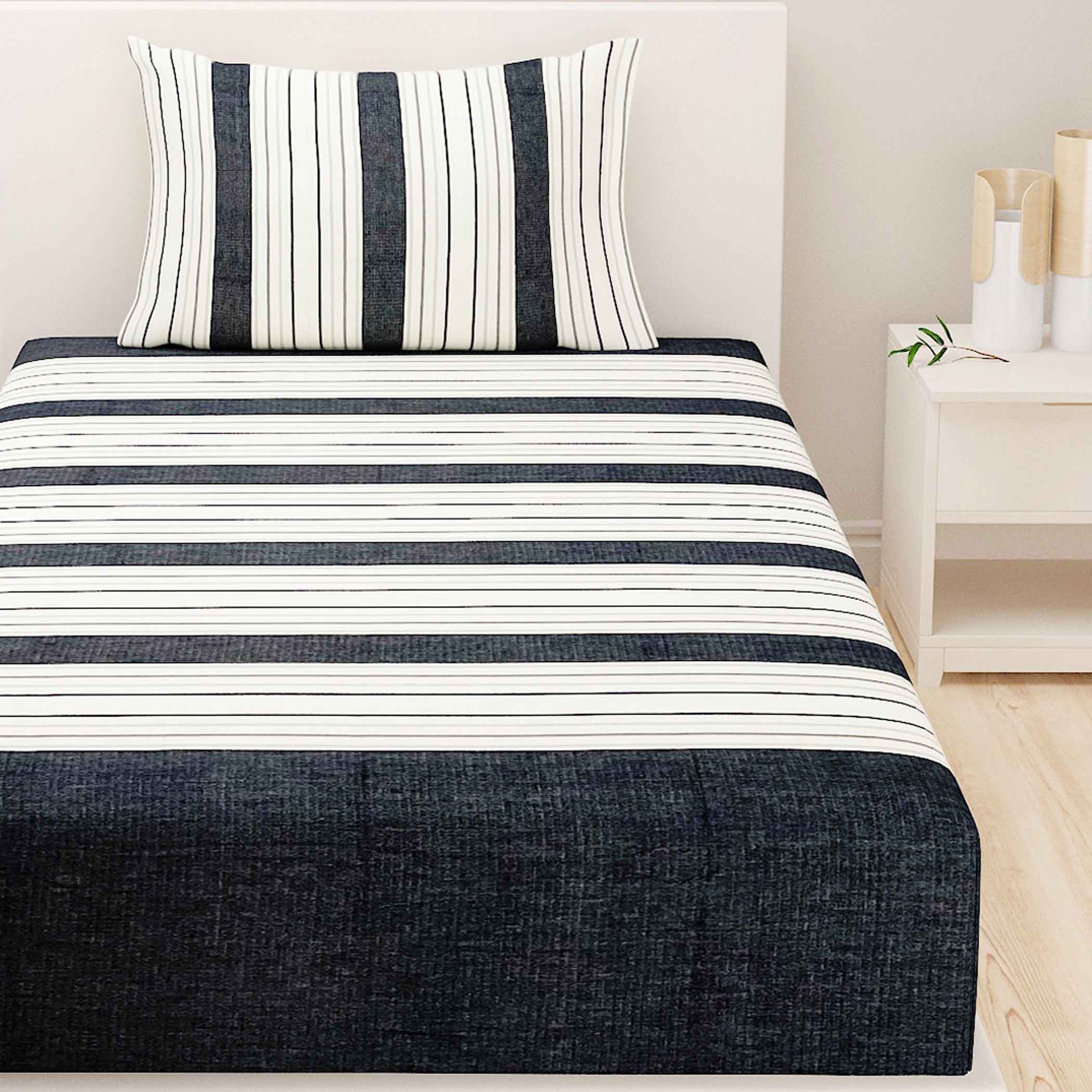 Monochrome Elegance - Yarn-Dyed Striped Single Fitted Bedsheet (36 x 90 x 10 Inches)