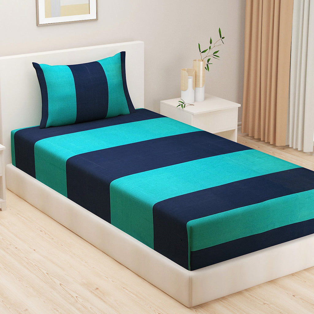 Coastal Current - Yarn-Dyed Turquoise Stripe Single Fitted Bedsheet (36 x 78 x 10 Inches)