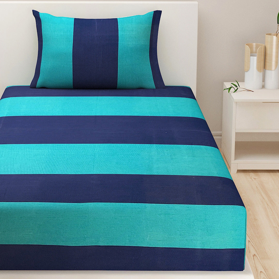 Coastal Current - Yarn-Dyed Turquoise Stripe Single Fitted Bedsheet (36 x 78 x 10 Inches)