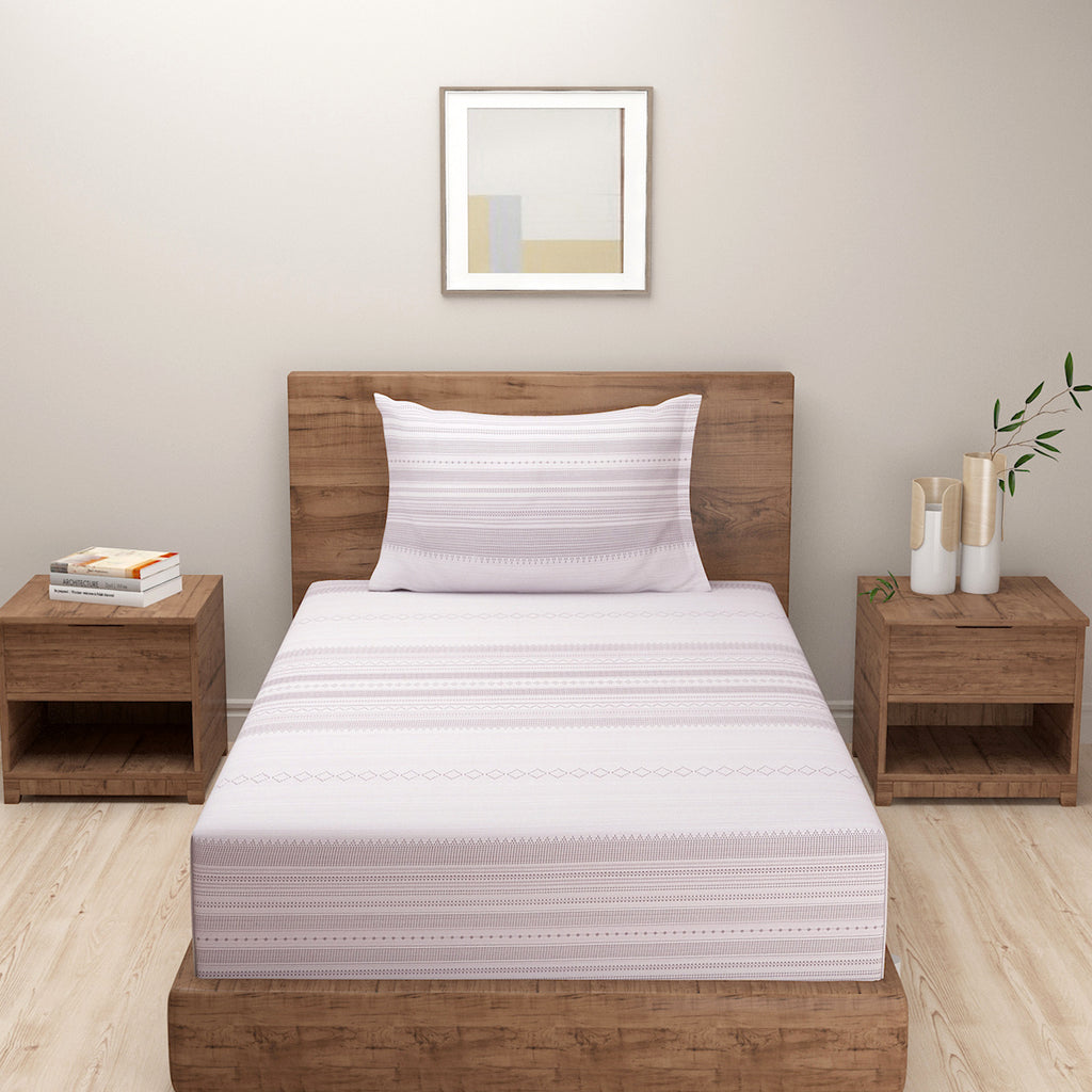 Soft Lavender Striped Single Bedsheet with 2 Pillow Covers 200TC - Minimal & Elegant Design (60x90 inches)