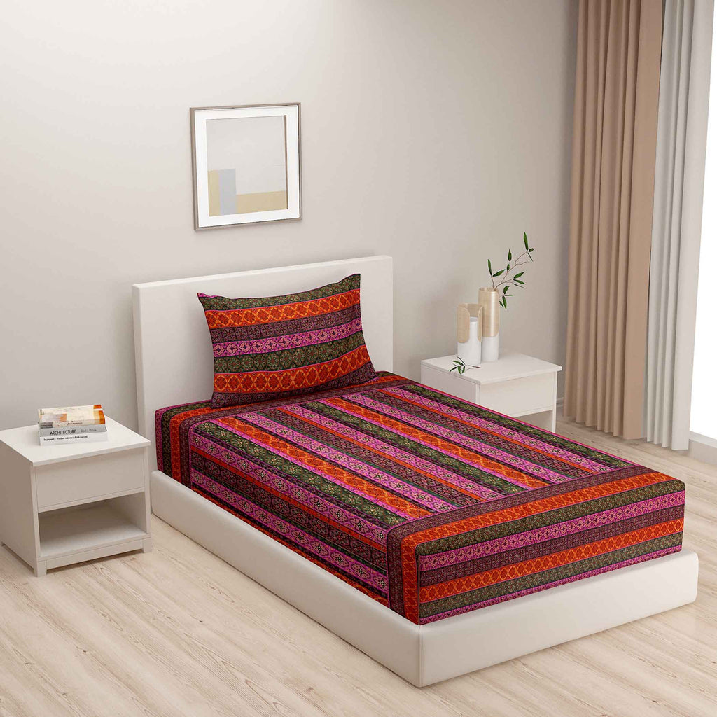 Sunset Kaleidoscope – 200TC Pure Cotton Single Fitted Bedsheet (36 x 90 x 10 Inches)