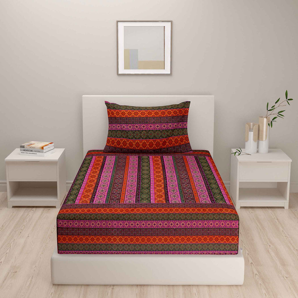 Sunset Kaleidoscope – 200TC Pure Cotton Single Fitted Bedsheet (36 x 90 x 10 Inches)