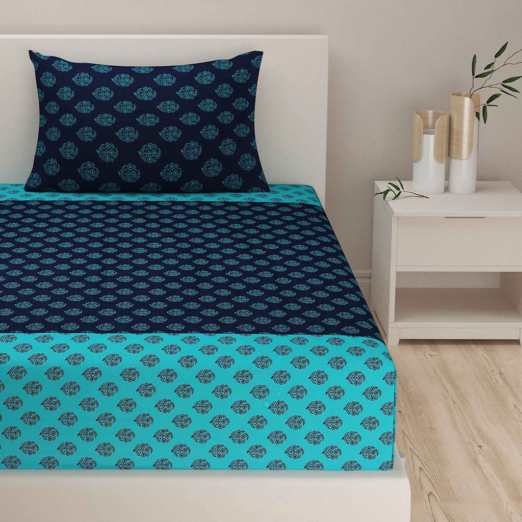 Indigo Oasis - Traditional Buti 200TC Cotton Single Fitted Bedsheet (36 x 90 x 10 Inches)