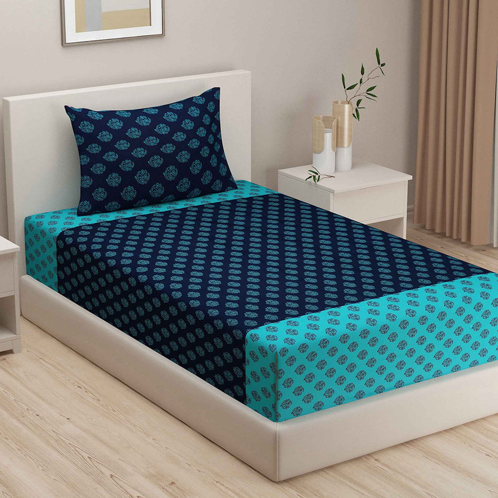 Indigo Oasis - Traditional Buti 200TC Cotton Single Fitted Bedsheet (36 x 90 x 10 Inches)