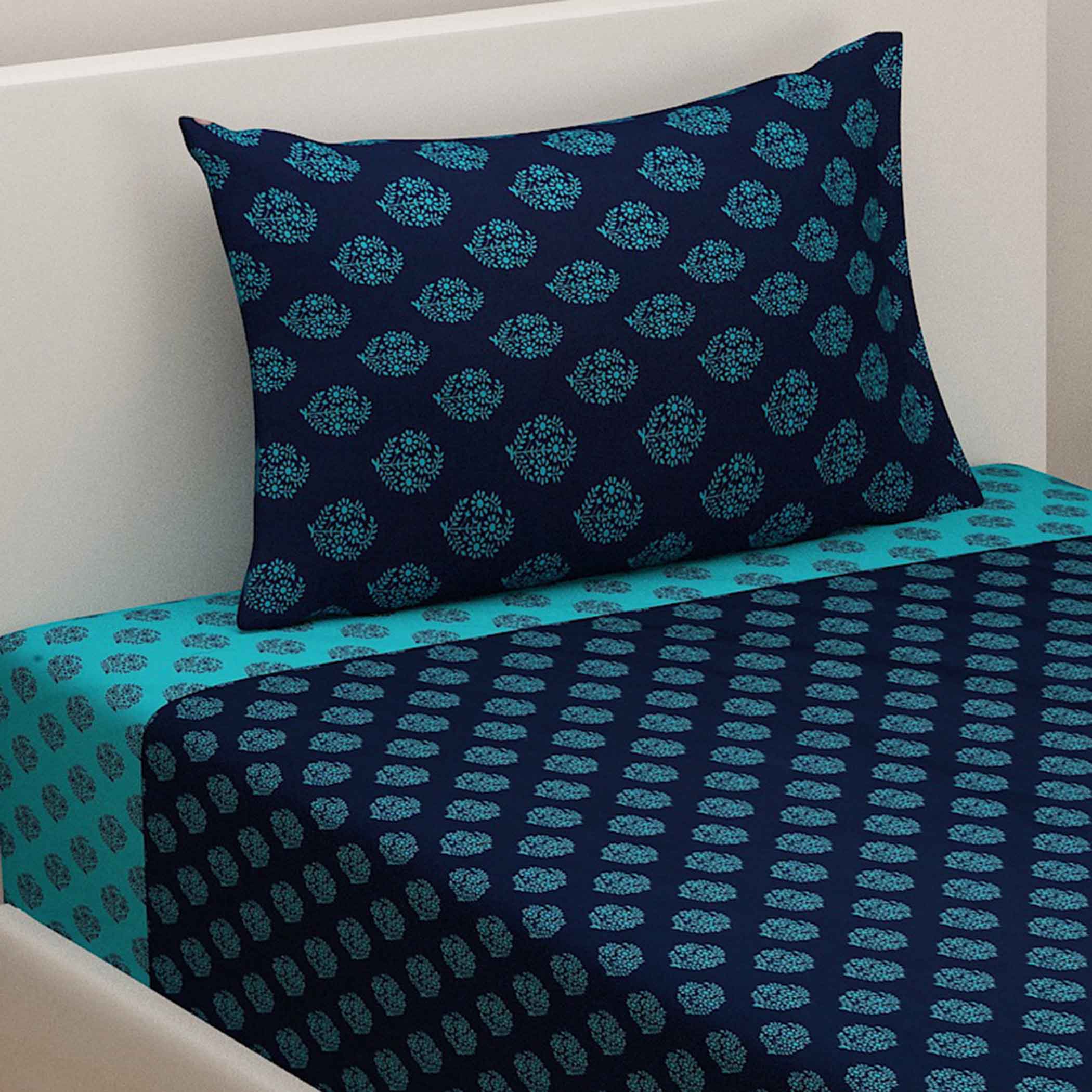 Indigo Oasis - Traditional Buti 200TC Cotton Single Fitted Bedsheet (36 x 90 x 10 Inches)