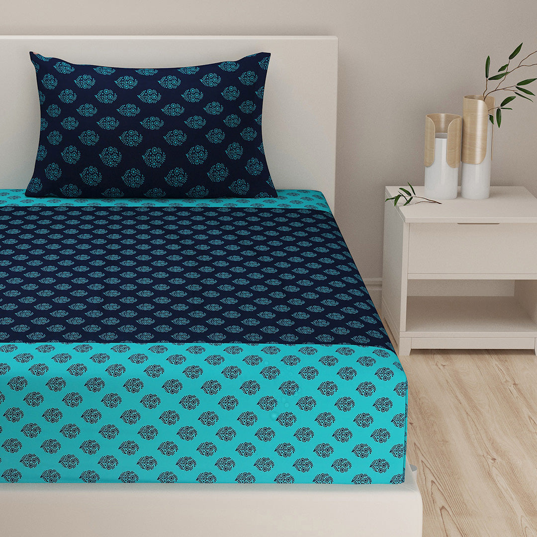Indigo Oasis - Traditional Buti 200TC Cotton Single Bedsheet (60x90 Inches)