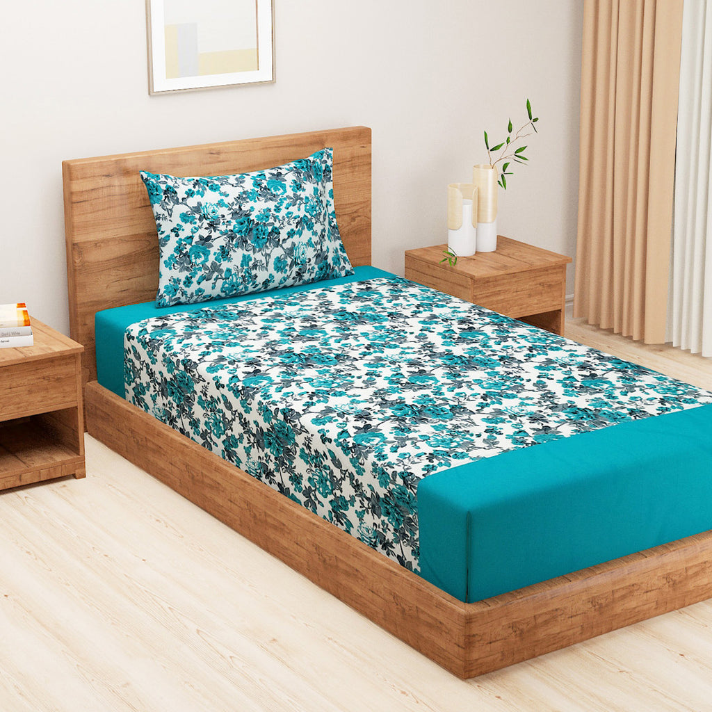 Teal Bloom - Floral 200TC Cotton multi colour Single Bedsheet (60x90 Inches)