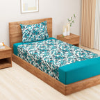Teal Bloom - Floral 200TC Cotton multi colour Single Bedsheet (60x90 Inches)