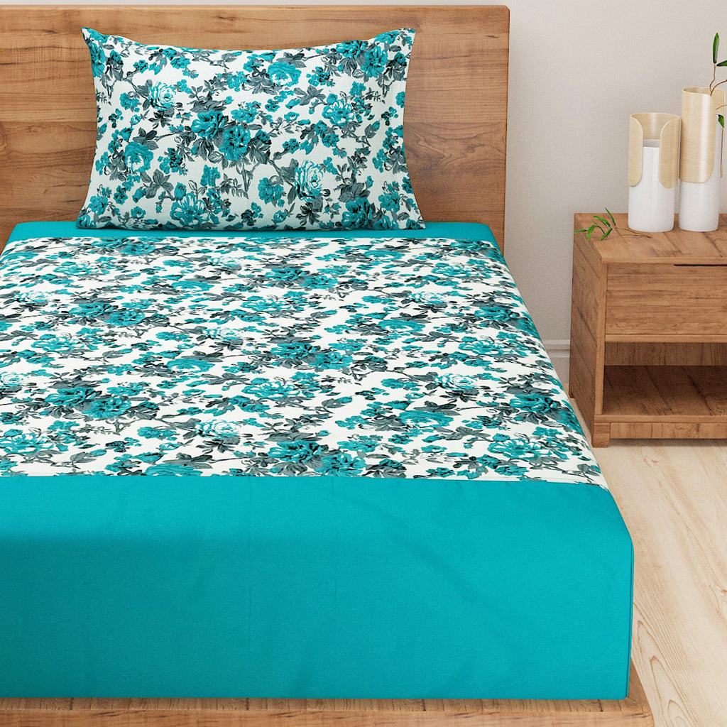 Teal Bloom - Floral 200TC Cotton multi colour Single Bedsheet (60x90 Inches)