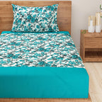 Teal Bloom - Floral 200TC Cotton multi colour Single Bedsheet (60x90 Inches)