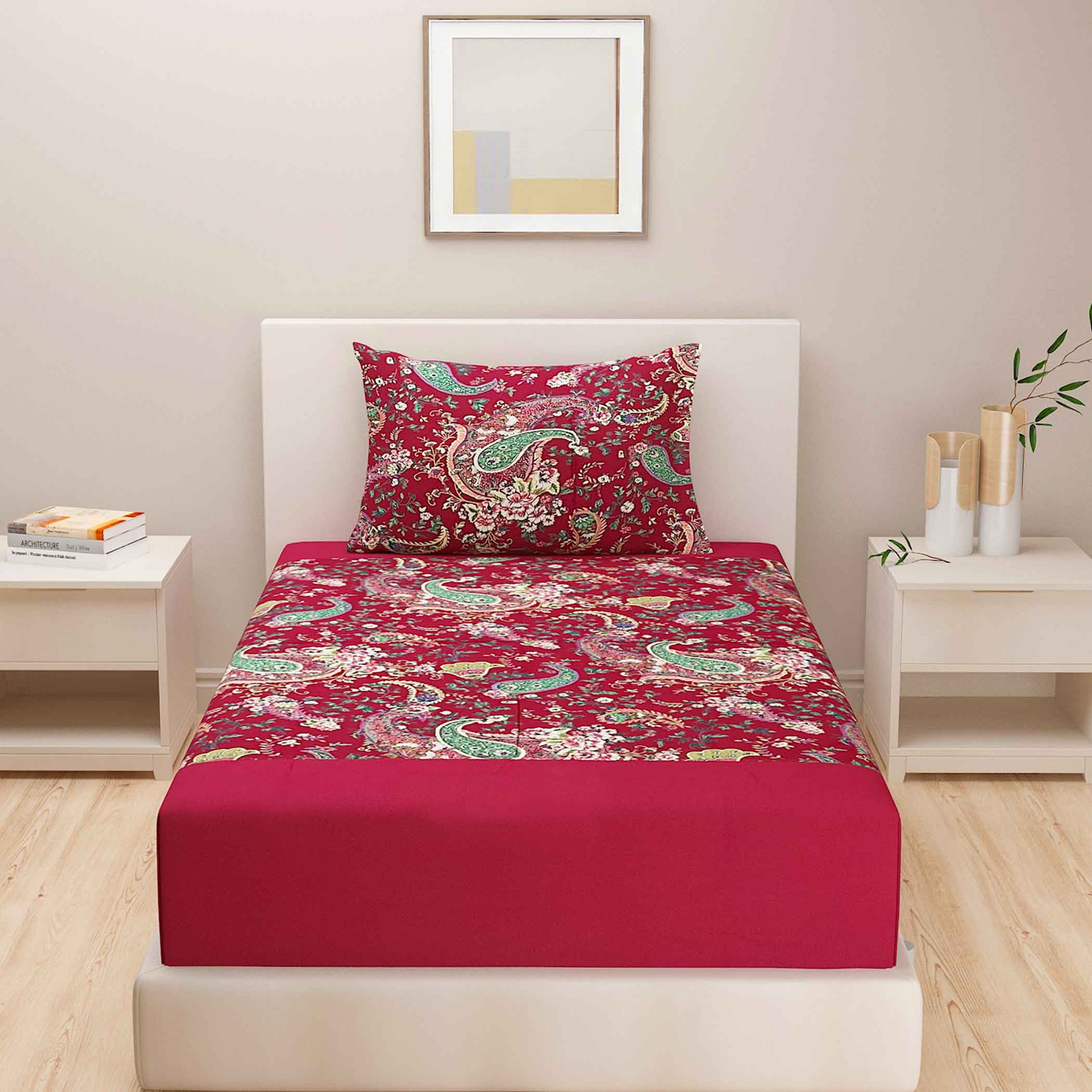Paisleys in Crimson Garden - 200TC Cotton Single Bedsheet (60x90 Inches)