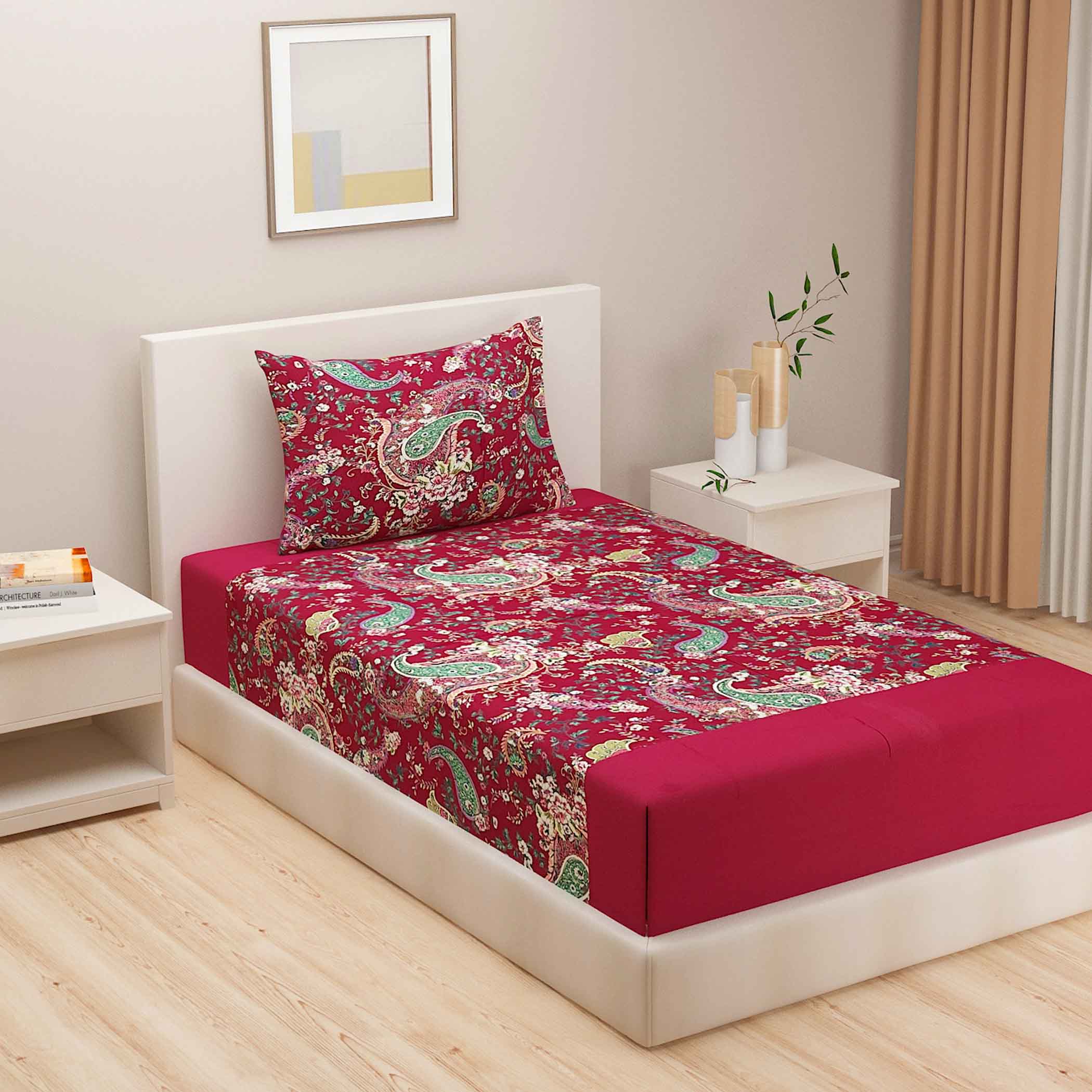 Paisleys in Crimson Garden - 200TC Cotton Single Bedsheet (60x90 Inches)
