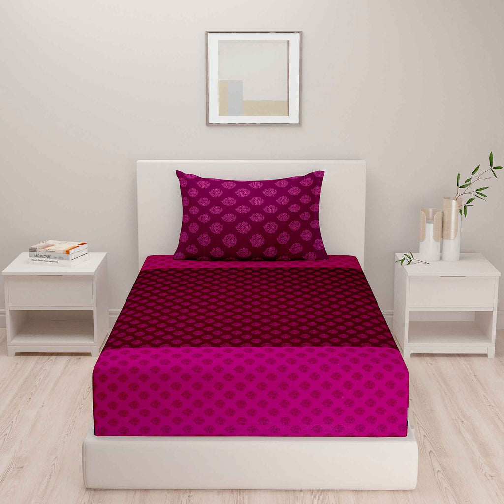 Magenta Mirage - Ethnic Buti 200TC Cotton Single Bedsheet (60x90 Inches)