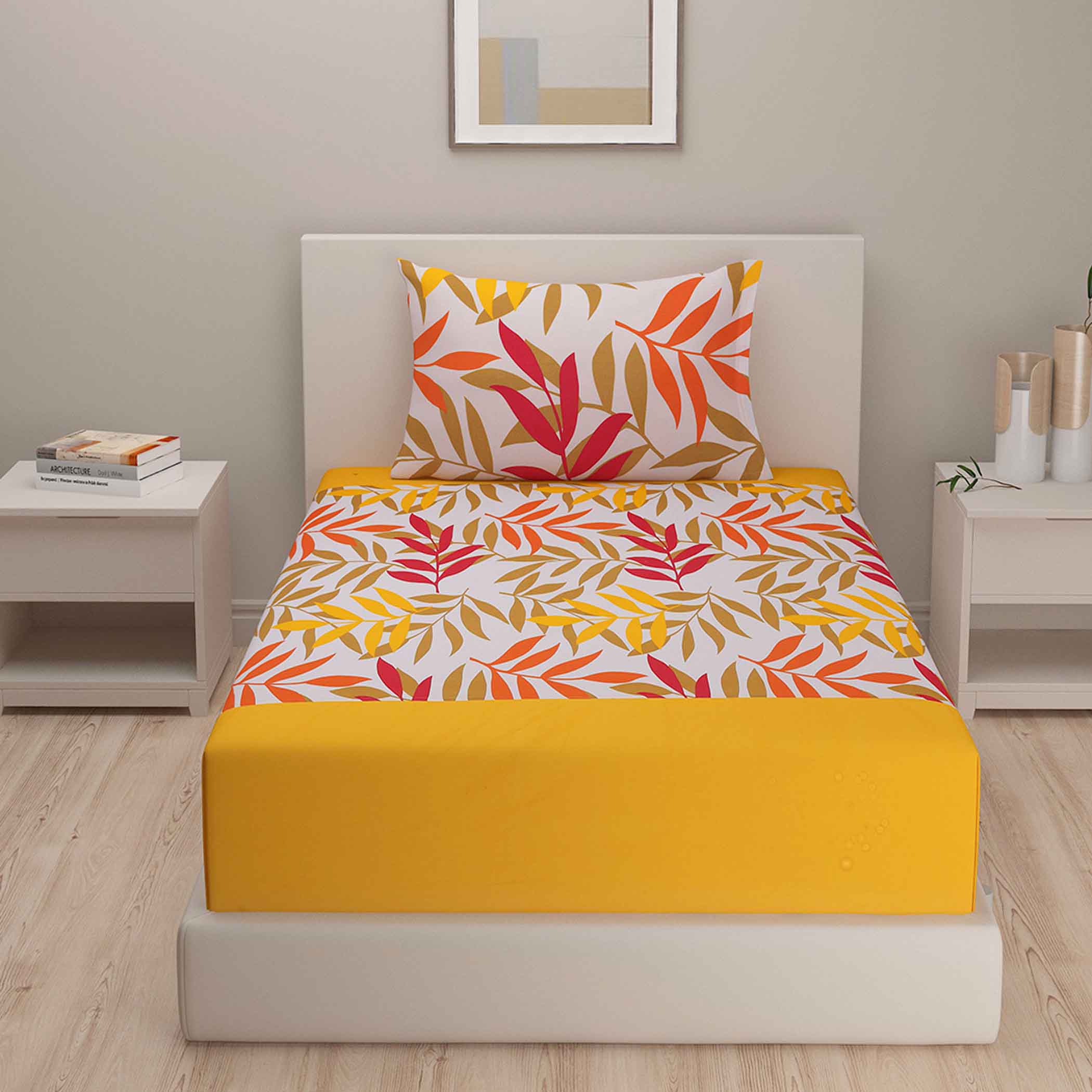 Shades of Autumn - Abstract Floral 200TC Cotton Single Fitted Bedsheet (36 x 90 x 10 Inches)