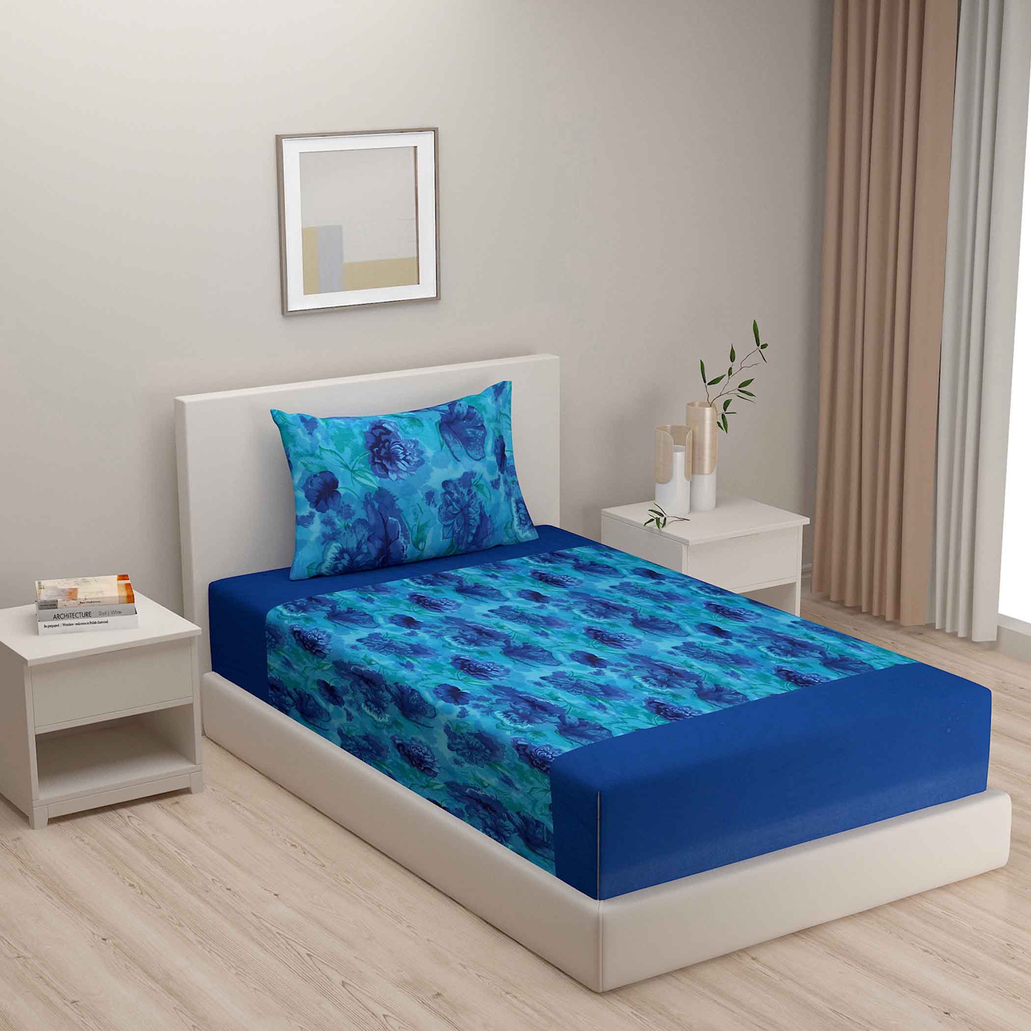 Oceanic Embrace - Deep Blue Floral 200TC Cotton Single Bedsheet (60x90 Inches)
