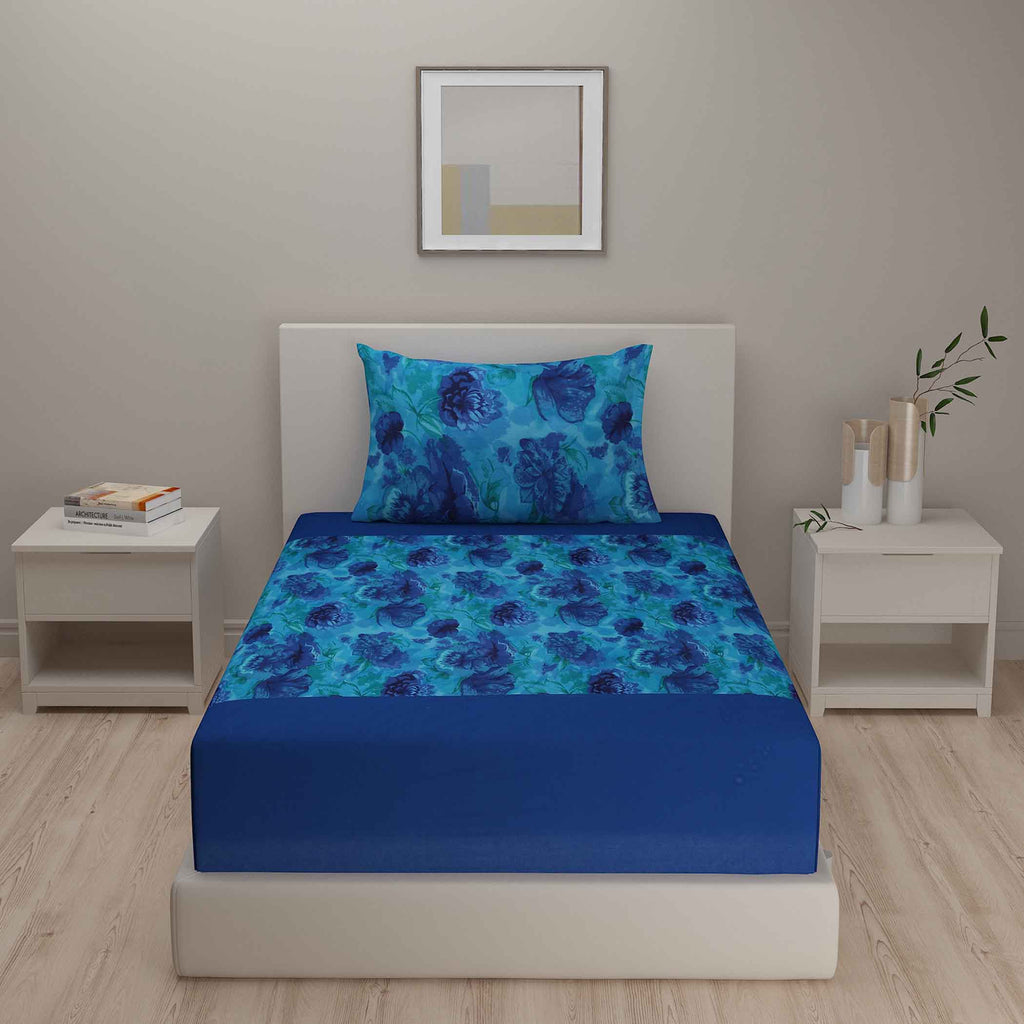 Oceanic Embrace - Deep Blue Floral 200TC Cotton Single Bedsheet (60x90 Inches)