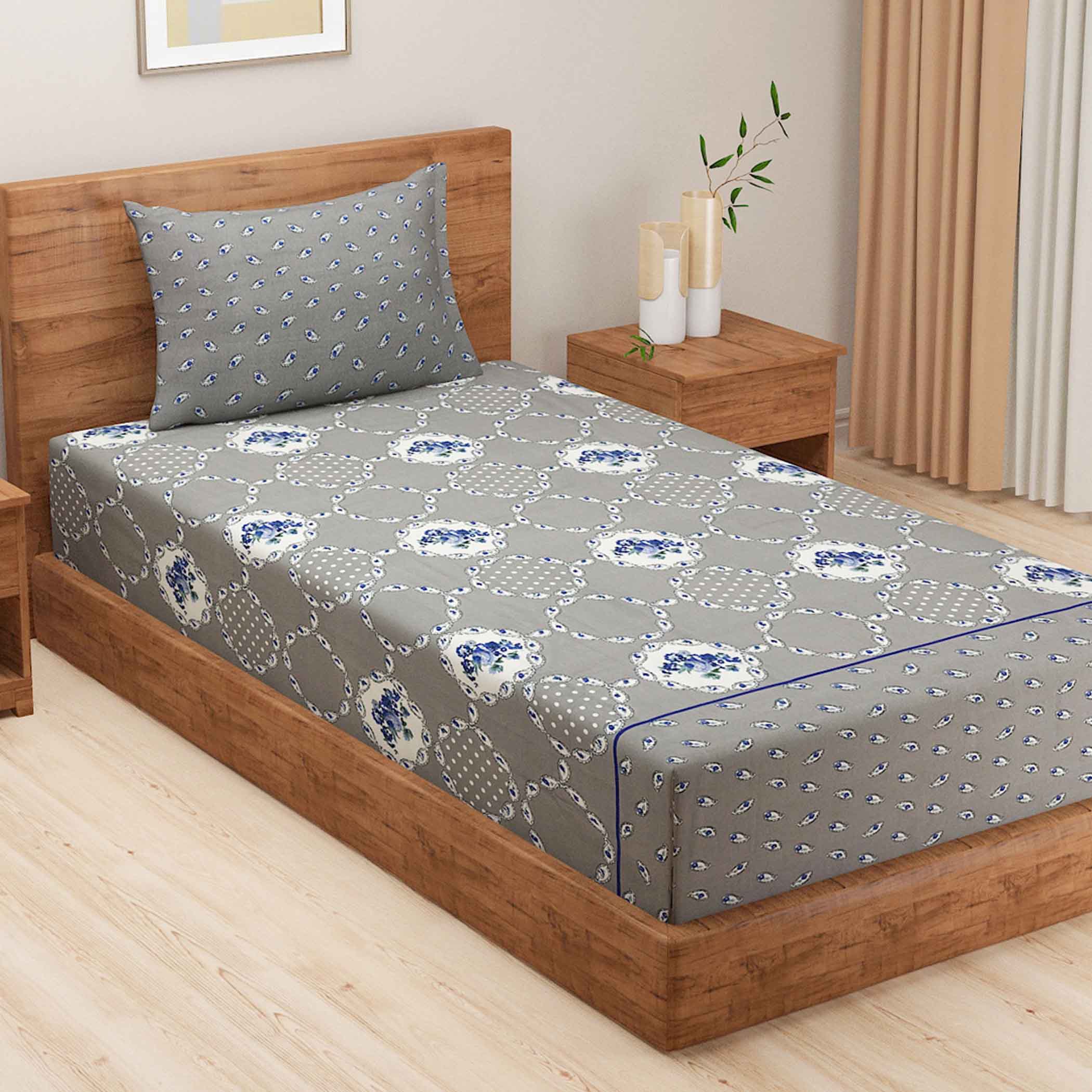 Misty Manor Paisley - European Grace 144TC Roto Cotton Single Bedsheet (60x90 Inches)