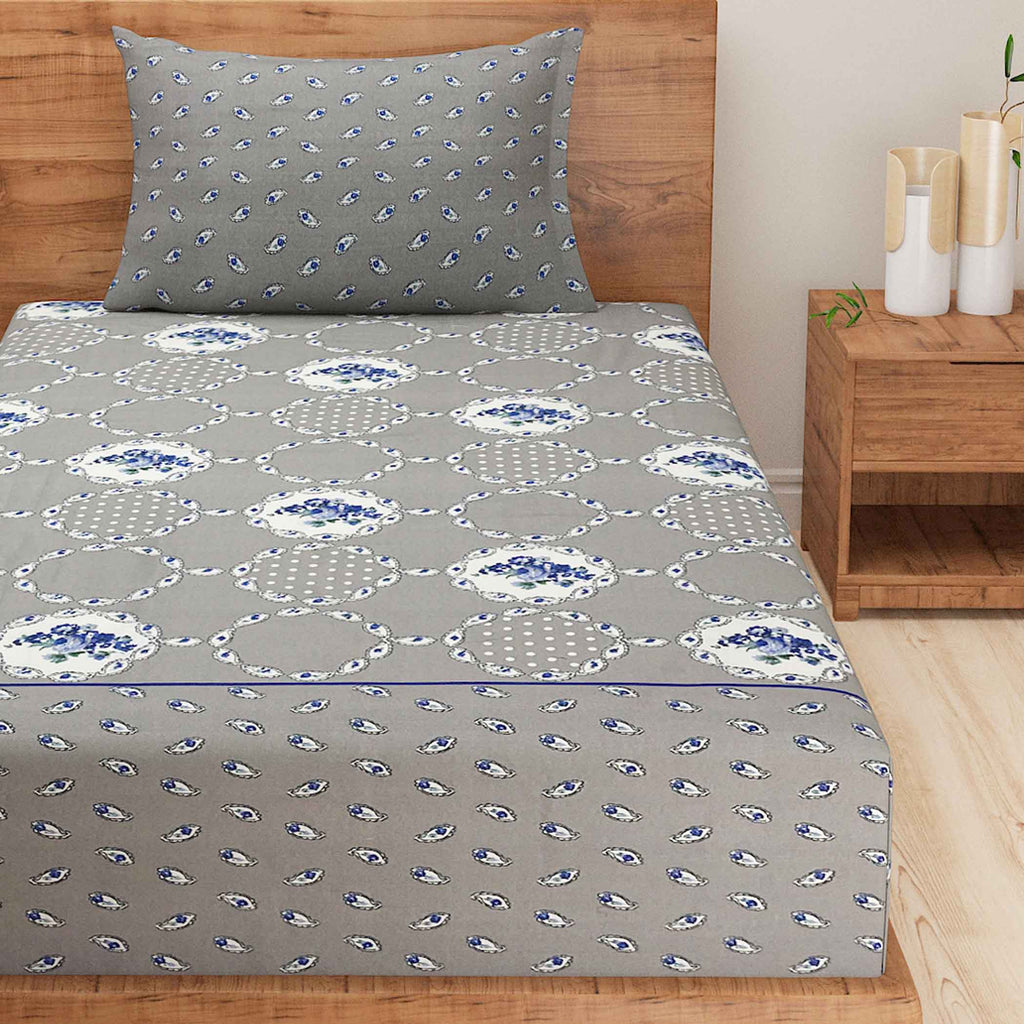 Misty Manor Paisley - European Grace 144TC Roto Cotton Single Fitted Bedsheet (36 x 90 x 10 Inches)