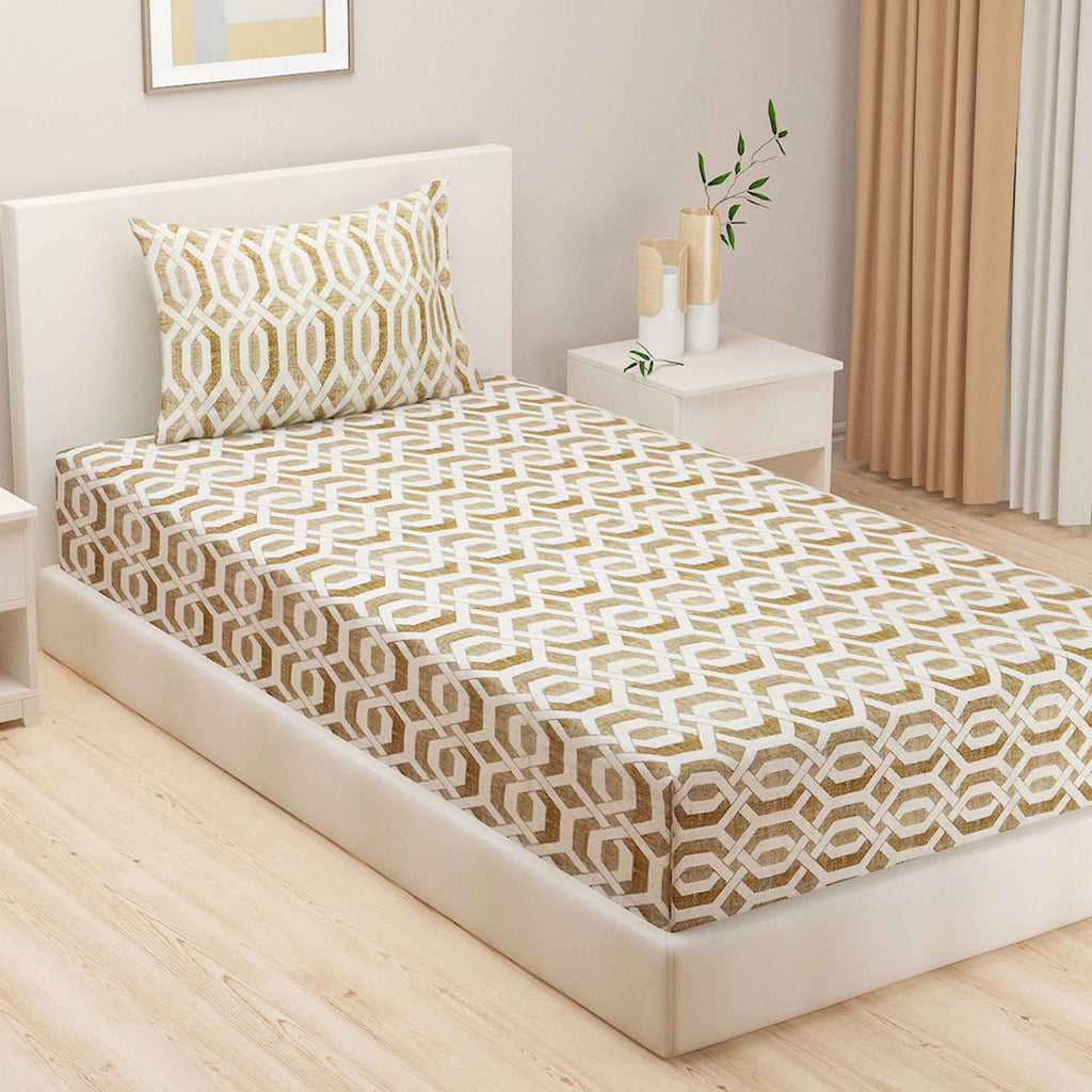 Honeyed Hexagon - Regal 144TC Cotton in Earthy Brown Single Fitted Bedsheet (36 x 90 x 10 Inches)