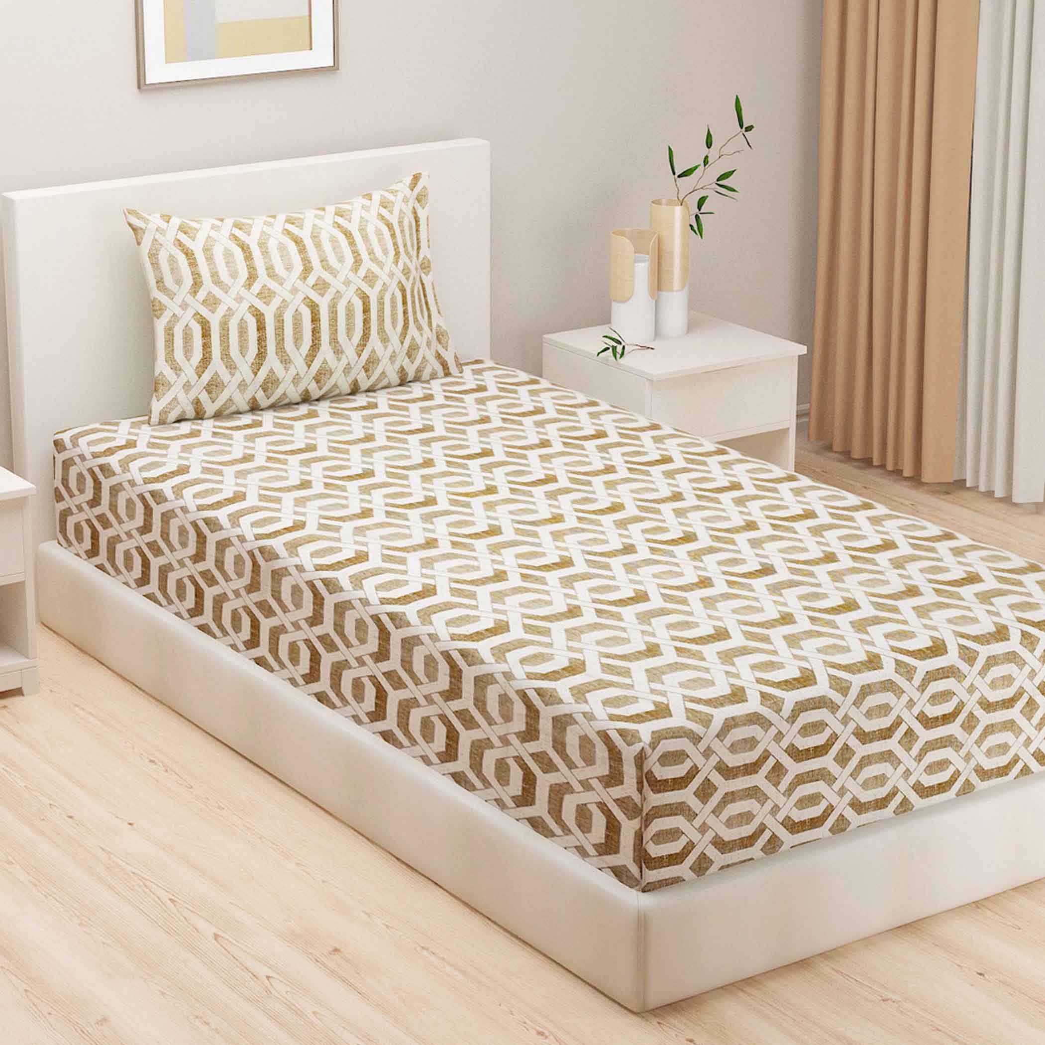 Honeyed Hexagon - Regal 144TC Cotton in Earthy Brown Single Bedsheet (60x90 Inches)