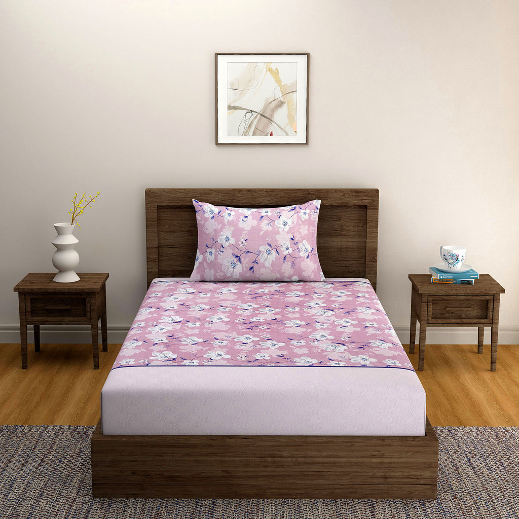 Pink Floral Single Bedsheet with 2 Pillow Covers 144TC - Soft & Elegant Print (60x90 inches)