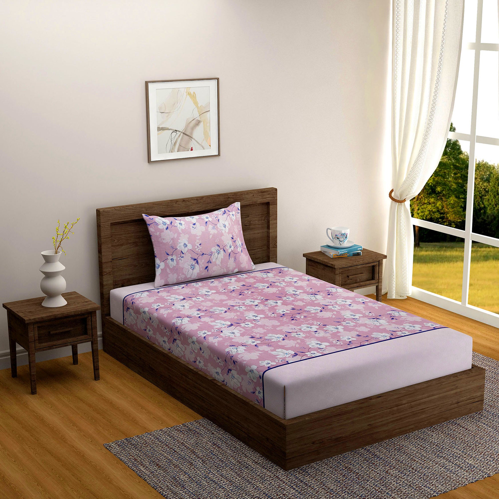 Pink Floral Single Bedsheet with 2 Pillow Covers 144TC - Soft & Elegant Print (60x90 inches)