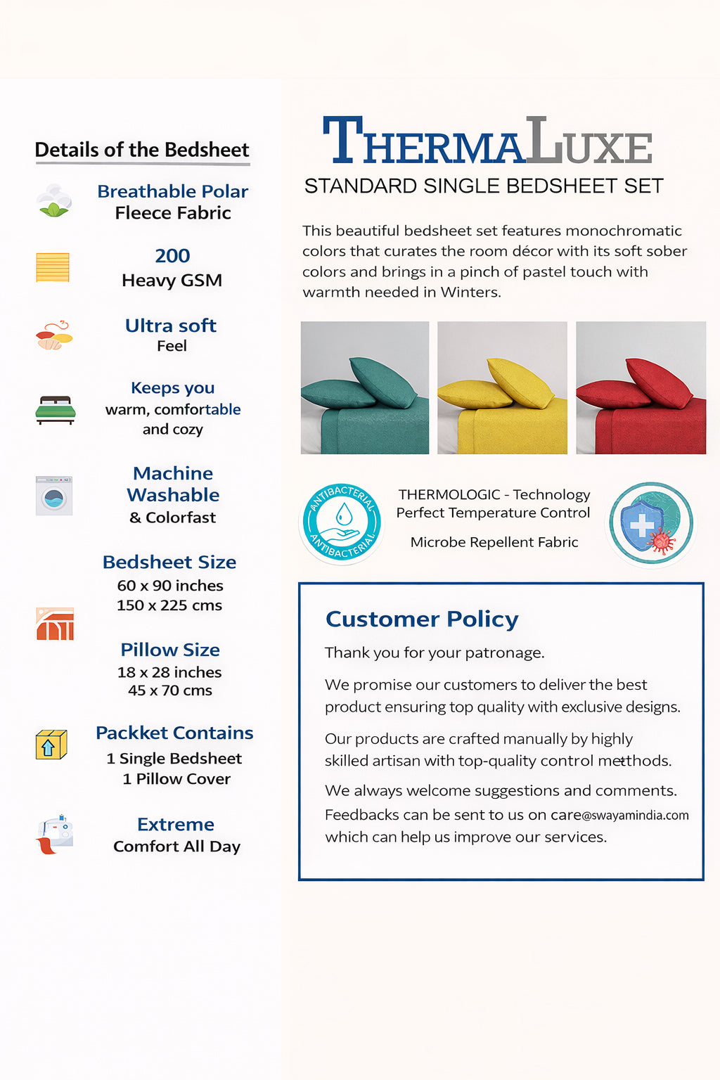 Solid Black Thermal Single Bedsheet with Matching Pillow Cover (60x90 inches)