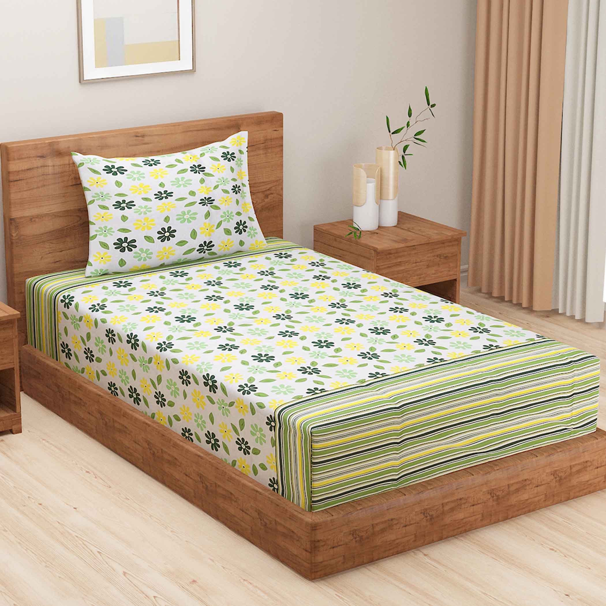 Spring Meadow - 160TC Pure Cotton Single Fitted Bedsheet (36 x 90 x 10 Inches)