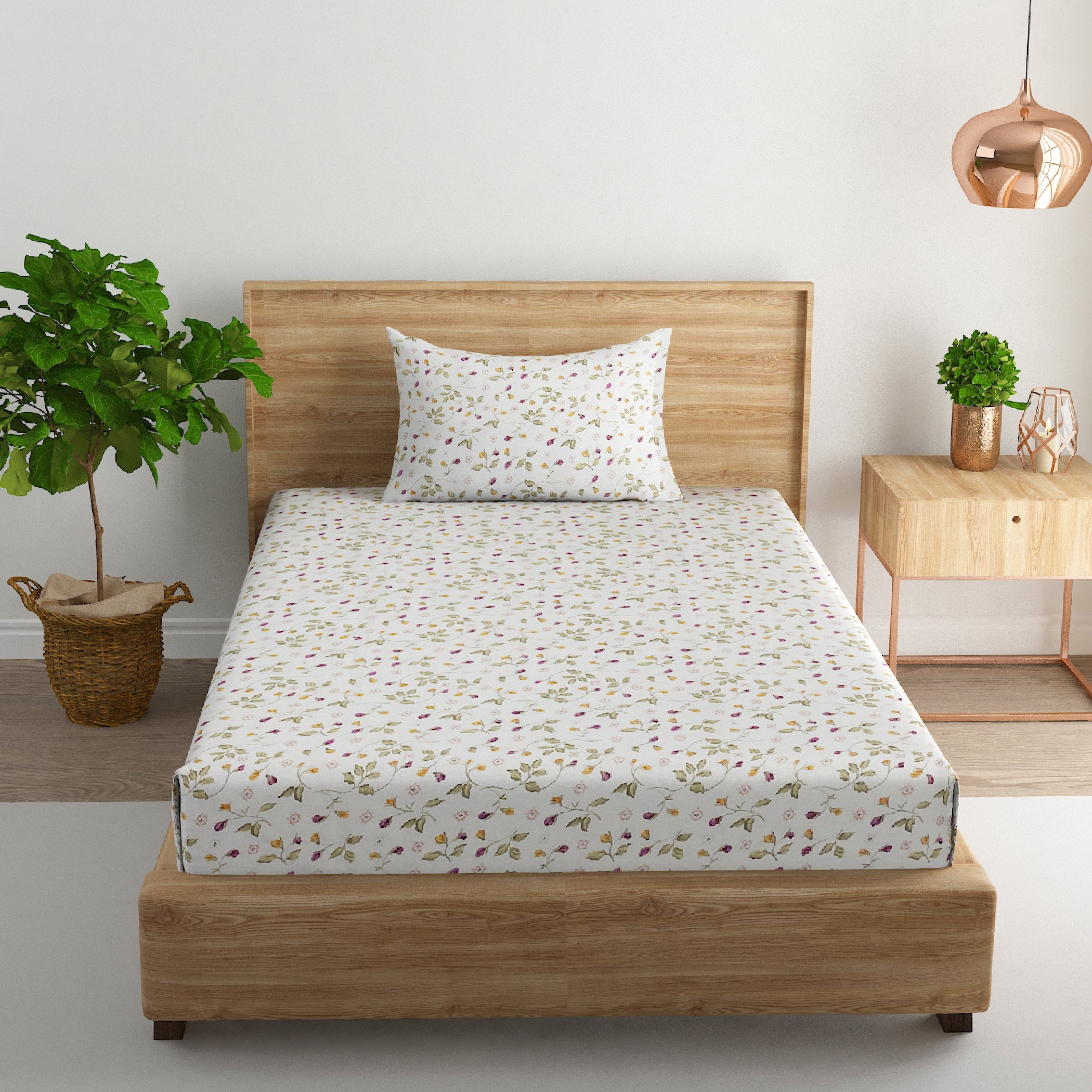 White Floral Print Pure Cotton 160 TC Single Bedsheet with 1 Pillow Cover (60x90 Inches)