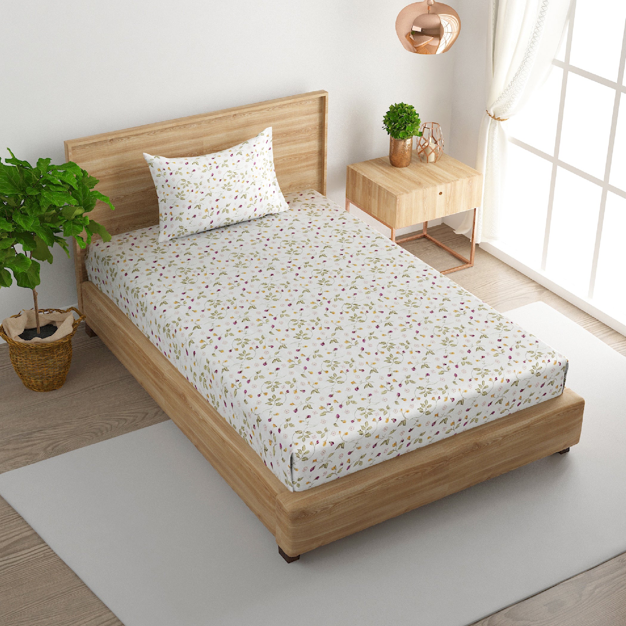 White Floral Print Pure Cotton 160 TC Single Bedsheet with 1 Pillow Cover (60x90 Inches)