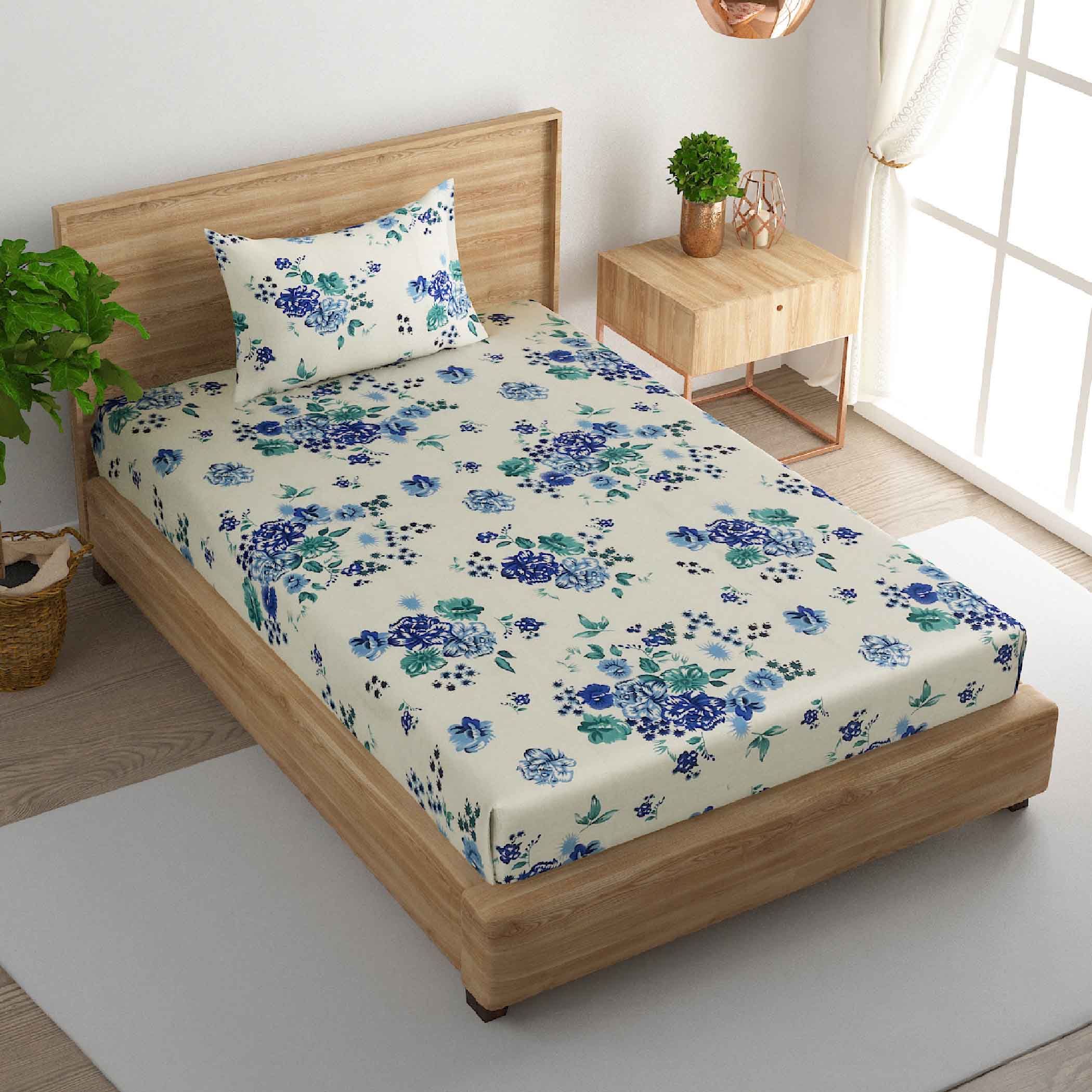 Blue Meadow - 160TC Pure Cotton Single Bedsheet (60x90 Inches)