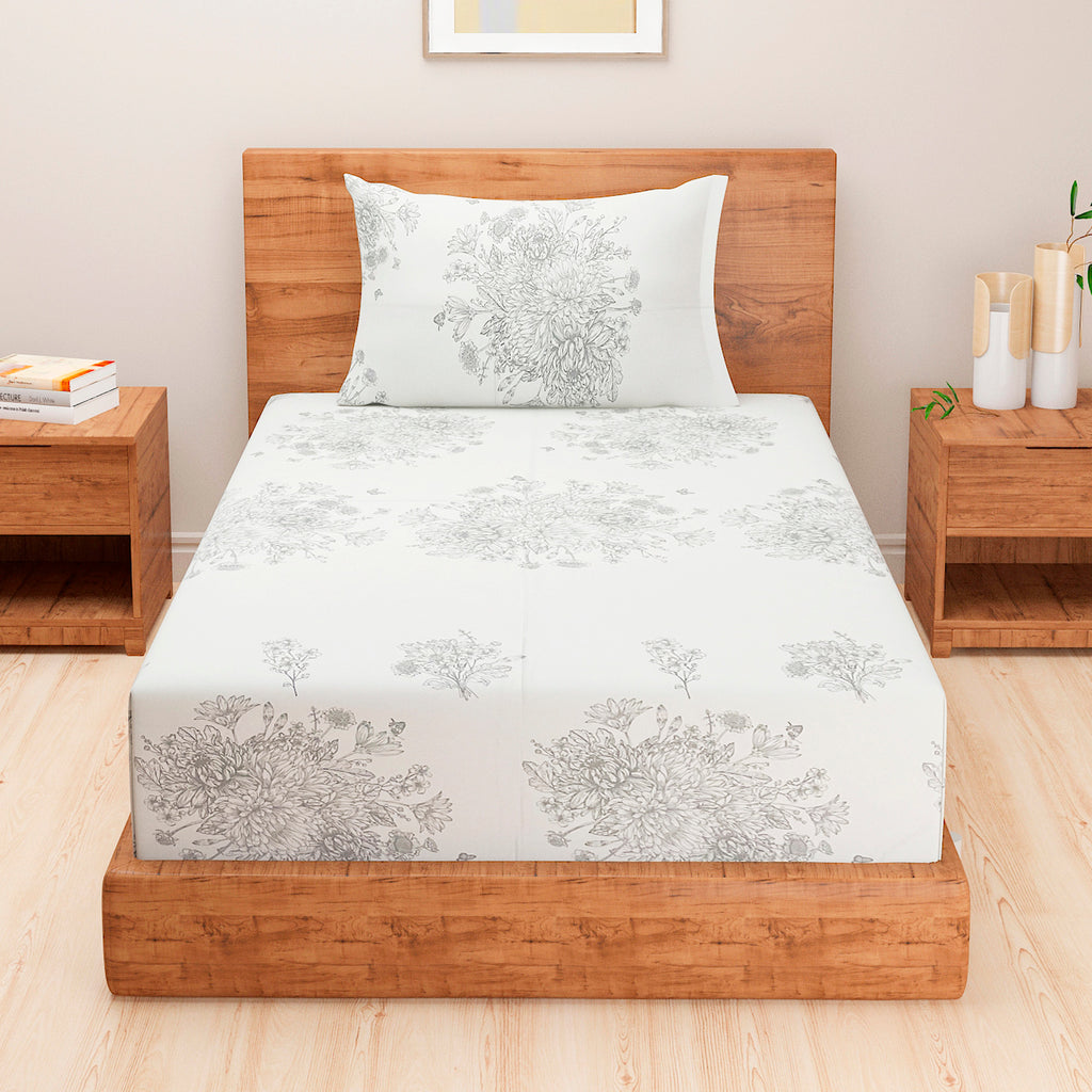 White Floral Printed 250 TC Cotton Single Bedsheet with Matching 1 Pillow Cover (60x90 Inches)