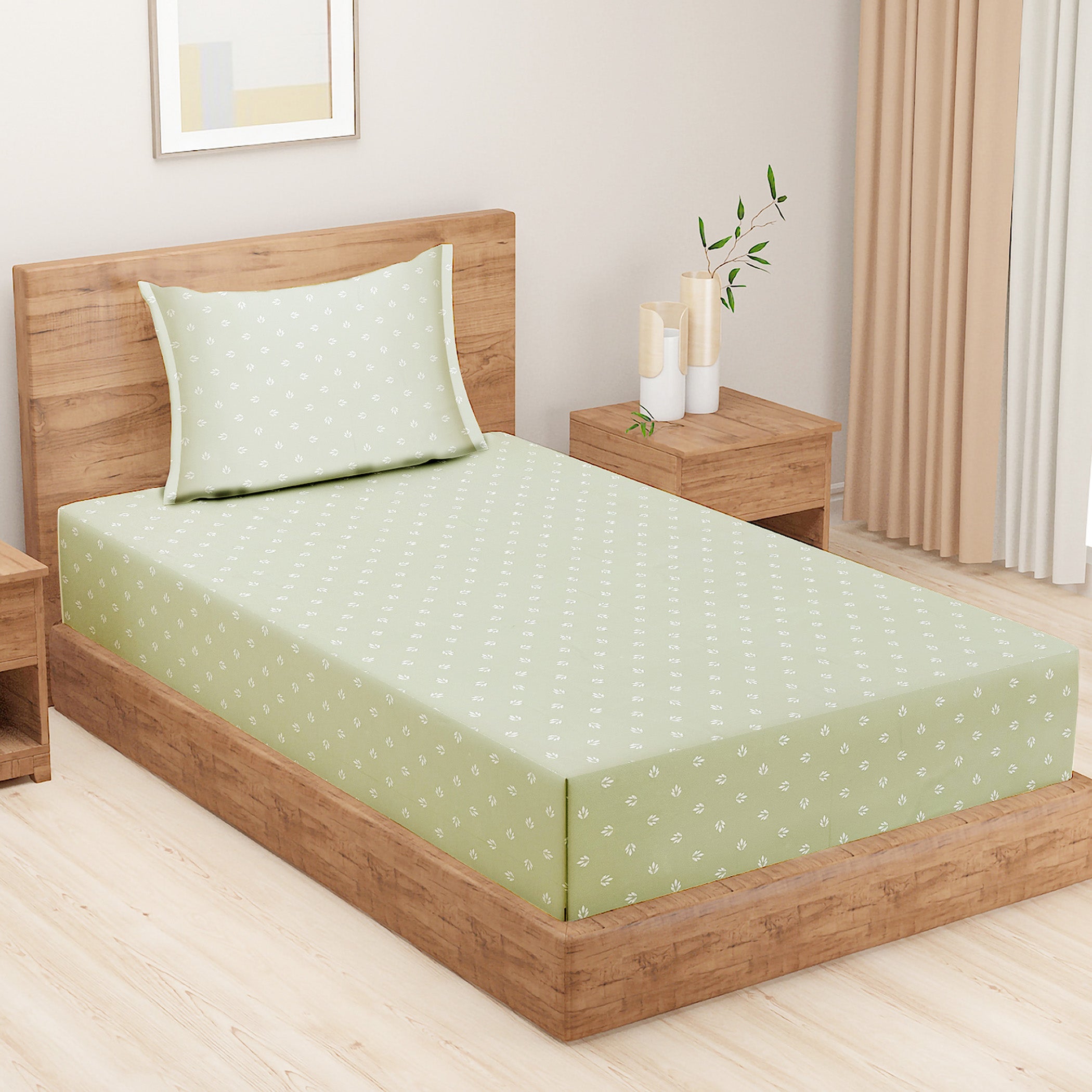 Sage Leaf Whisper Cotton Single Bedsheet with 1 Pillow Cover 250TC - Soft Pastel Green (60x90 inches)