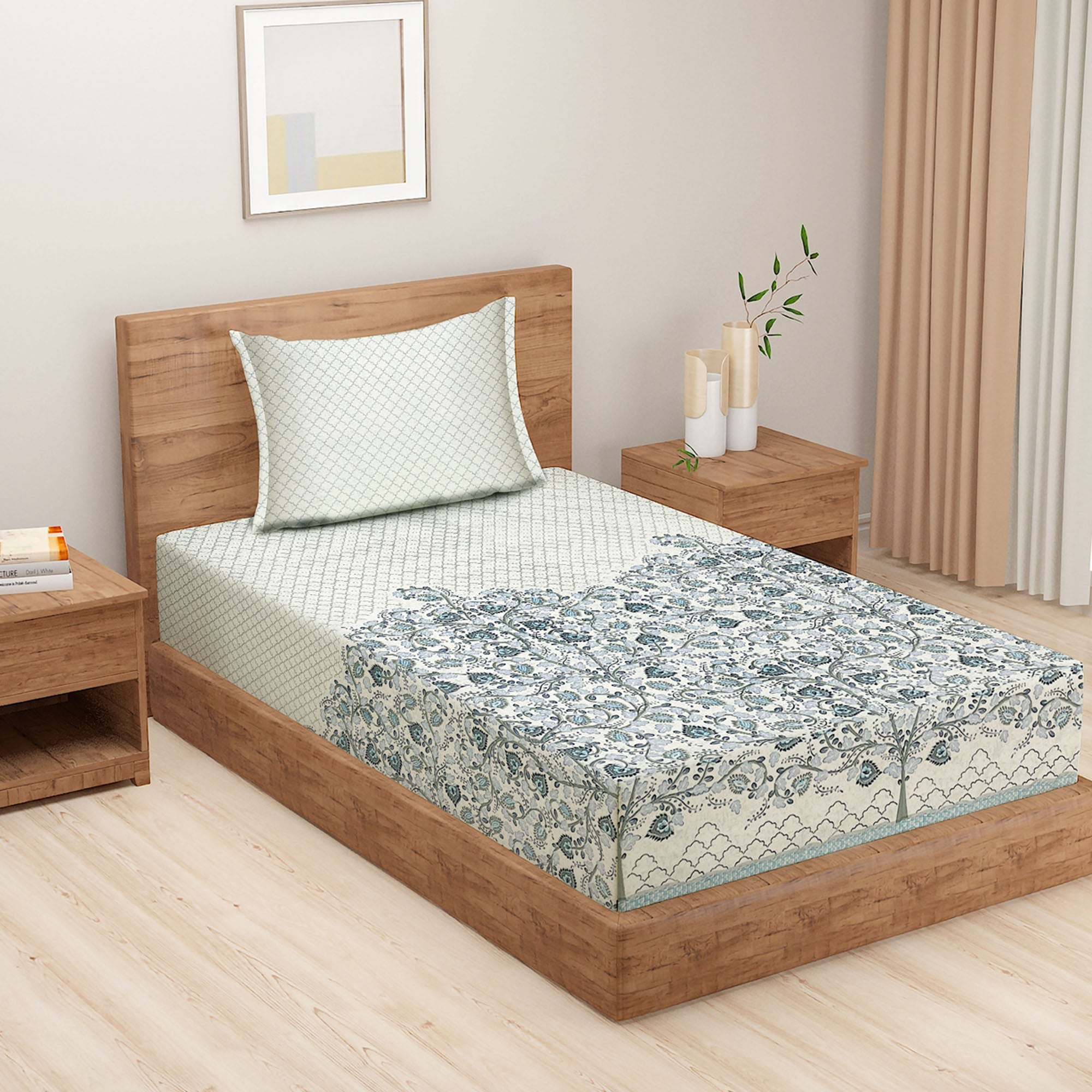 Cotton Single Bedsheet with 1 Pillow Covers 250TC - Blue & White Ethnic Floral Print (60x90 inches)