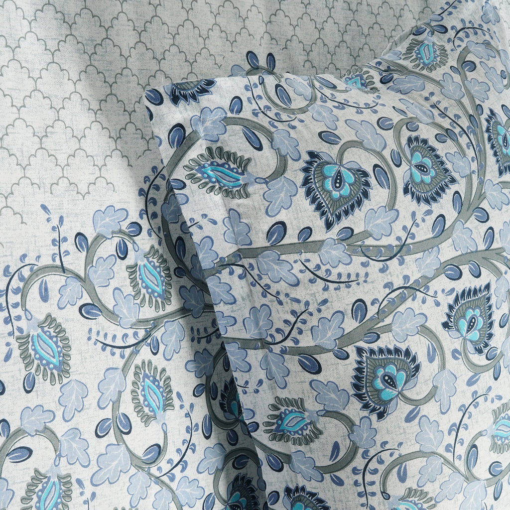 Cotton Single Bedsheet with 1 Pillow Covers 250TC - Blue & White Ethnic Floral Print (60x90 inches)