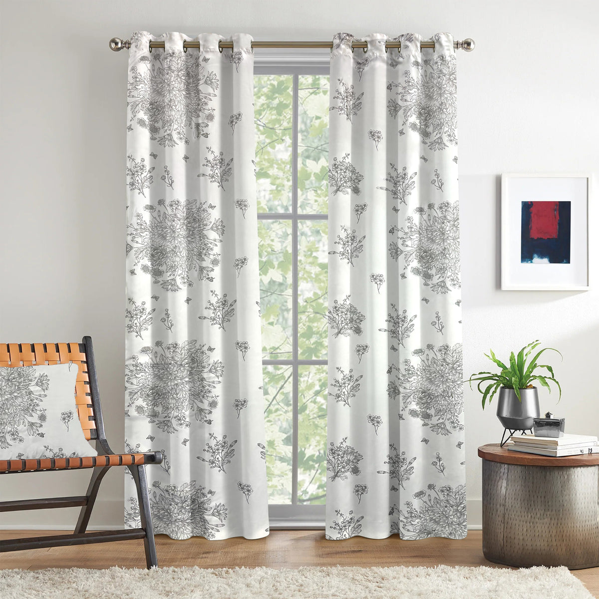 Silver Grey Botanical Sketch 240 GSM Polyester 80% Blackout Eyelet Curtain